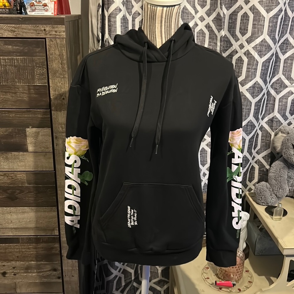 Adidas Black Hoodie w/positive affirmations all over front, roses on arms-Size S